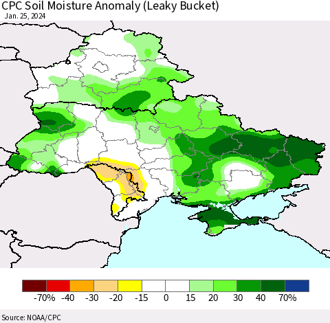 Ukraine, Moldova and Belarus CPC Soil Moisture Anomaly (Leaky Bucket) Thematic Map For 1/21/2024 - 1/25/2024