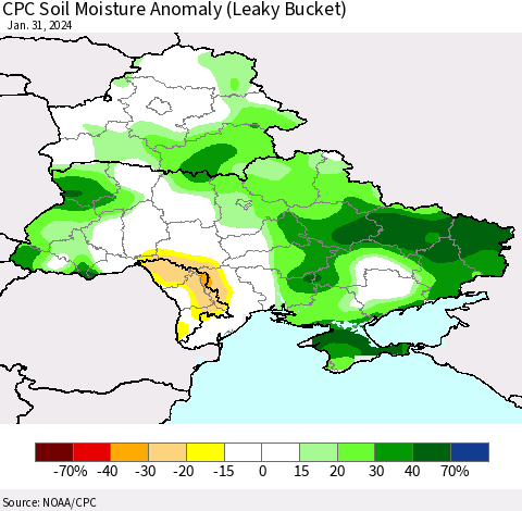 Ukraine, Moldova and Belarus CPC Soil Moisture Anomaly (Leaky Bucket) Thematic Map For 1/26/2024 - 1/31/2024