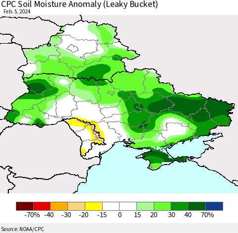 Ukraine, Moldova and Belarus CPC Soil Moisture Anomaly (Leaky Bucket) Thematic Map For 2/1/2024 - 2/5/2024