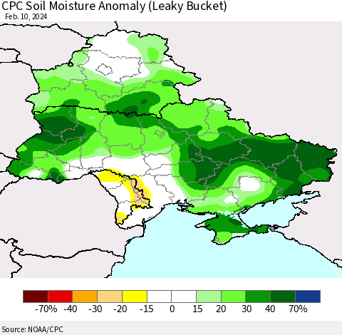 Ukraine, Moldova and Belarus CPC Soil Moisture Anomaly (Leaky Bucket) Thematic Map For 2/6/2024 - 2/10/2024