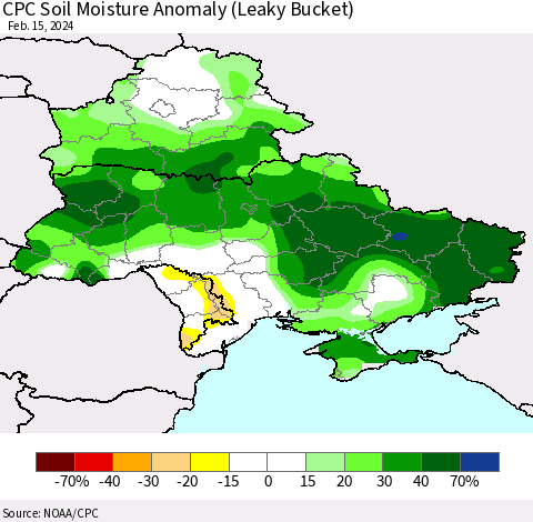 Ukraine, Moldova and Belarus CPC Soil Moisture Anomaly (Leaky Bucket) Thematic Map For 2/11/2024 - 2/15/2024