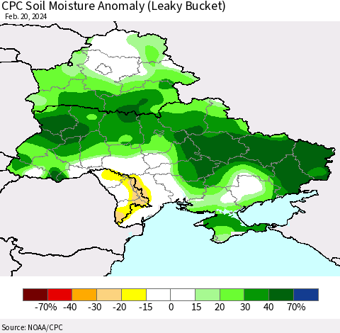 Ukraine, Moldova and Belarus CPC Soil Moisture Anomaly (Leaky Bucket) Thematic Map For 2/16/2024 - 2/20/2024
