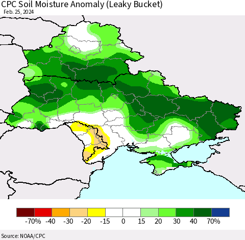 Ukraine, Moldova and Belarus CPC Soil Moisture Anomaly (Leaky Bucket) Thematic Map For 2/21/2024 - 2/25/2024
