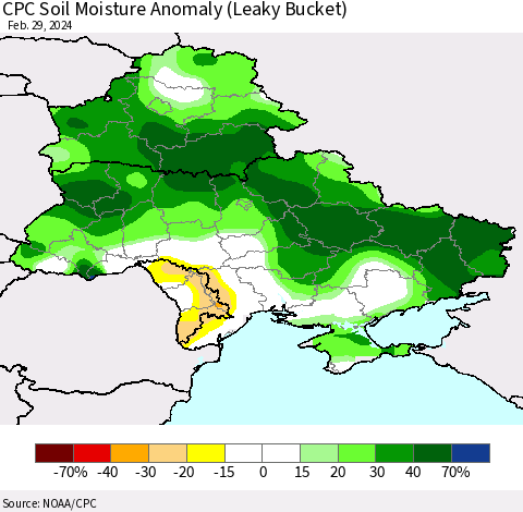 Ukraine, Moldova and Belarus CPC Soil Moisture Anomaly (Leaky Bucket) Thematic Map For 2/26/2024 - 2/29/2024