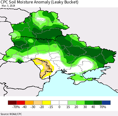 Ukraine, Moldova and Belarus CPC Soil Moisture Anomaly (Leaky Bucket) Thematic Map For 3/1/2024 - 3/5/2024