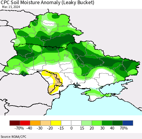 Ukraine, Moldova and Belarus CPC Soil Moisture Anomaly (Leaky Bucket) Thematic Map For 3/11/2024 - 3/15/2024