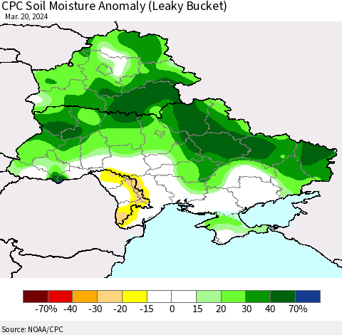 Ukraine, Moldova and Belarus CPC Soil Moisture Anomaly (Leaky Bucket) Thematic Map For 3/16/2024 - 3/20/2024