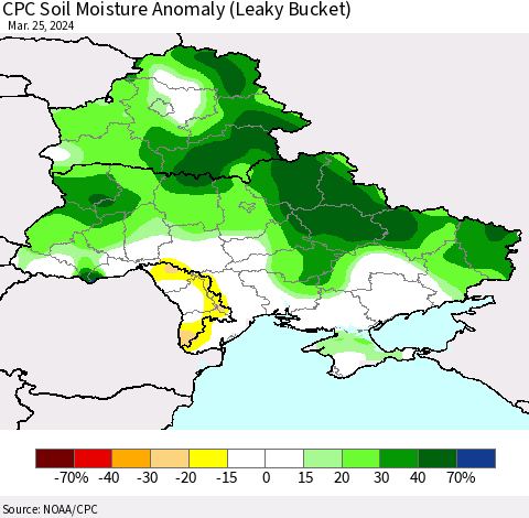 Ukraine, Moldova and Belarus CPC Soil Moisture Anomaly (Leaky Bucket) Thematic Map For 3/21/2024 - 3/25/2024