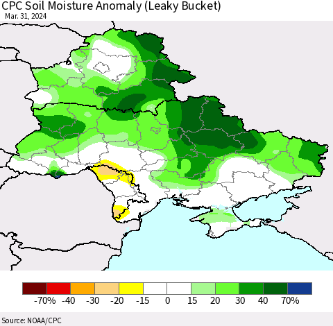 Ukraine, Moldova and Belarus CPC Soil Moisture Anomaly (Leaky Bucket) Thematic Map For 3/26/2024 - 3/31/2024