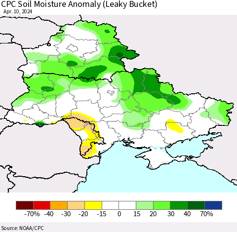 Ukraine, Moldova and Belarus CPC Soil Moisture Anomaly (Leaky Bucket) Thematic Map For 4/6/2024 - 4/10/2024