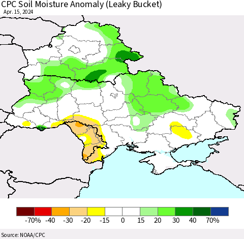 Ukraine, Moldova and Belarus CPC Soil Moisture Anomaly (Leaky Bucket) Thematic Map For 4/11/2024 - 4/15/2024