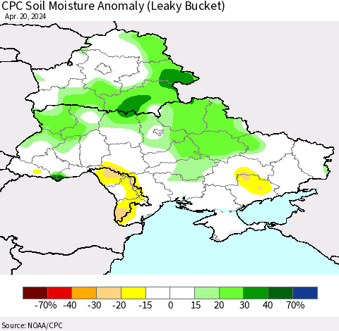 Ukraine, Moldova and Belarus CPC Soil Moisture Anomaly (Leaky Bucket) Thematic Map For 4/16/2024 - 4/20/2024