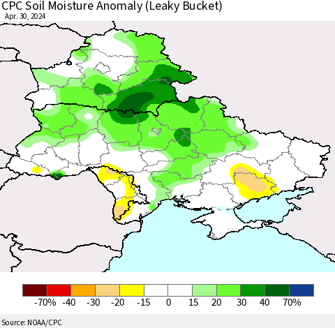Ukraine, Moldova and Belarus CPC Soil Moisture Anomaly (Leaky Bucket) Thematic Map For 4/26/2024 - 4/30/2024