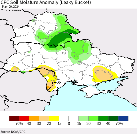 Ukraine, Moldova and Belarus CPC Soil Moisture Anomaly (Leaky Bucket) Thematic Map For 5/16/2024 - 5/20/2024