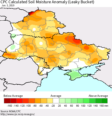 Ukraine, Moldova and Belarus CPC Calculated Soil Moisture Anomaly (Leaky Bucket) Thematic Map For 1/1/2019 - 1/5/2019