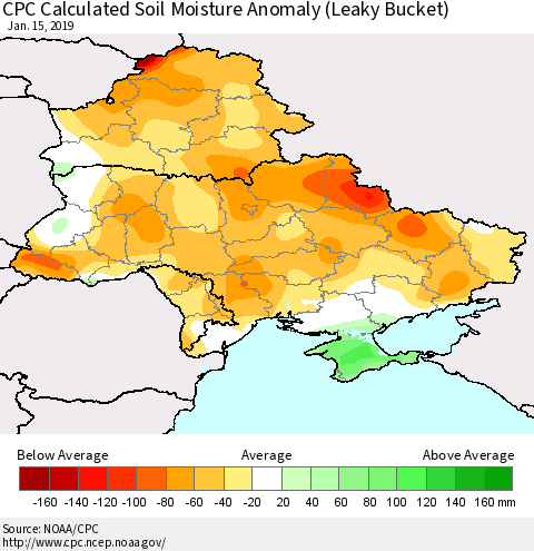 Ukraine, Moldova and Belarus CPC Calculated Soil Moisture Anomaly (Leaky Bucket) Thematic Map For 1/11/2019 - 1/15/2019