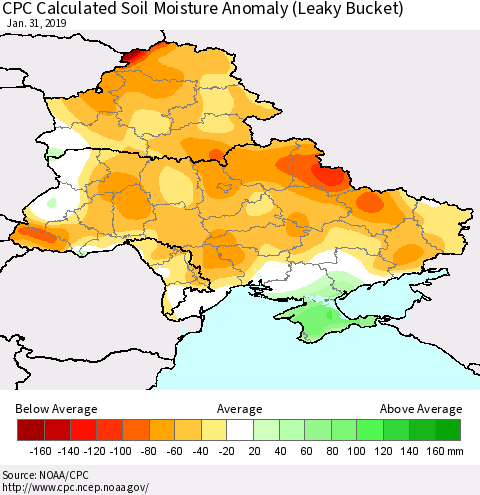 Ukraine, Moldova and Belarus CPC Soil Moisture Departure from Normal (Leaky Bucket) Thematic Map For 1/26/2019 - 1/31/2019