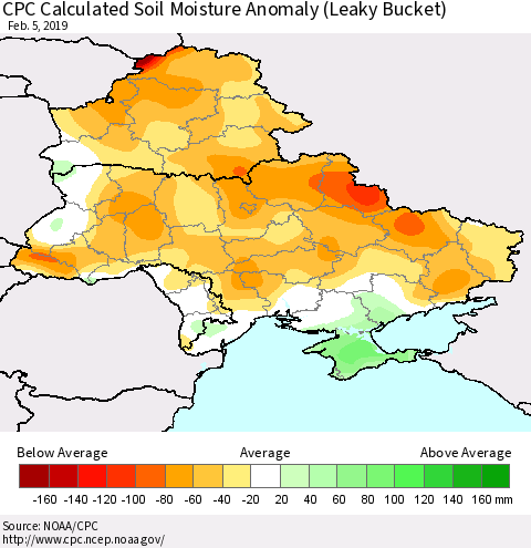 Ukraine, Moldova and Belarus CPC Calculated Soil Moisture Anomaly (Leaky Bucket) Thematic Map For 2/1/2019 - 2/5/2019