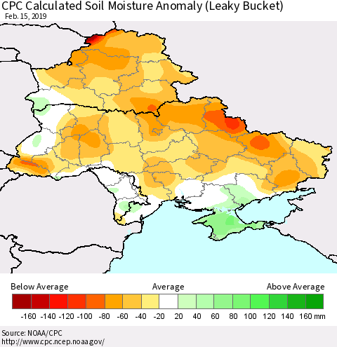 Ukraine, Moldova and Belarus CPC Calculated Soil Moisture Anomaly (Leaky Bucket) Thematic Map For 2/11/2019 - 2/15/2019