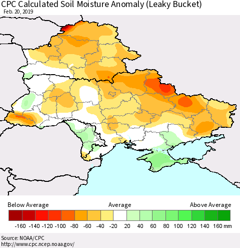 Ukraine, Moldova and Belarus CPC Calculated Soil Moisture Anomaly (Leaky Bucket) Thematic Map For 2/16/2019 - 2/20/2019