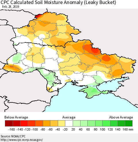 Ukraine, Moldova and Belarus CPC Soil Moisture Departure from Normal (Leaky Bucket) Thematic Map For 2/26/2019 - 2/28/2019