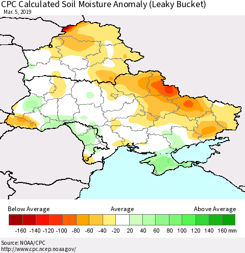 Ukraine, Moldova and Belarus CPC Calculated Soil Moisture Anomaly (Leaky Bucket) Thematic Map For 3/1/2019 - 3/5/2019