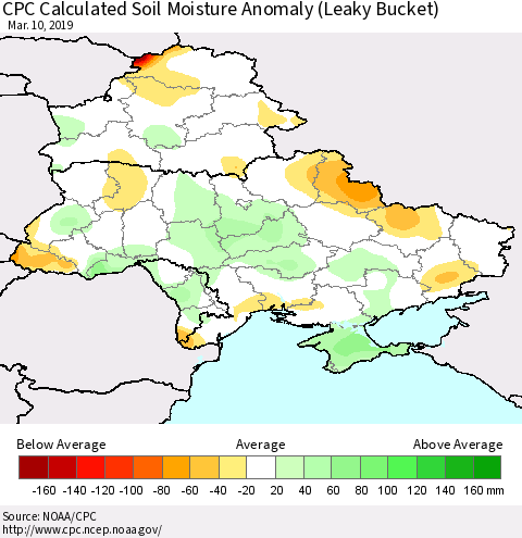 Ukraine, Moldova and Belarus CPC Soil Moisture Departure from Normal (Leaky Bucket) Thematic Map For 3/6/2019 - 3/10/2019
