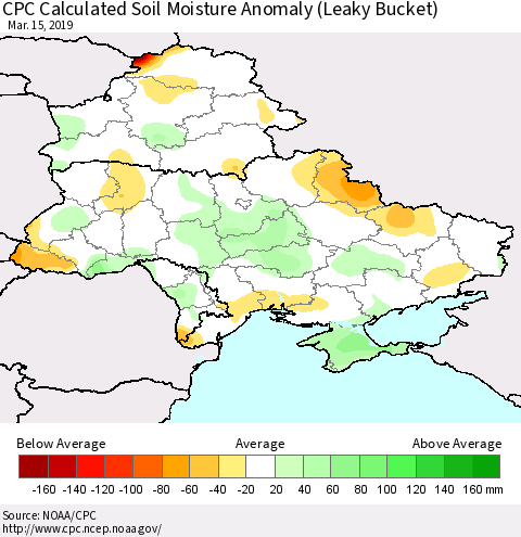 Ukraine, Moldova and Belarus CPC Calculated Soil Moisture Anomaly (Leaky Bucket) Thematic Map For 3/11/2019 - 3/15/2019