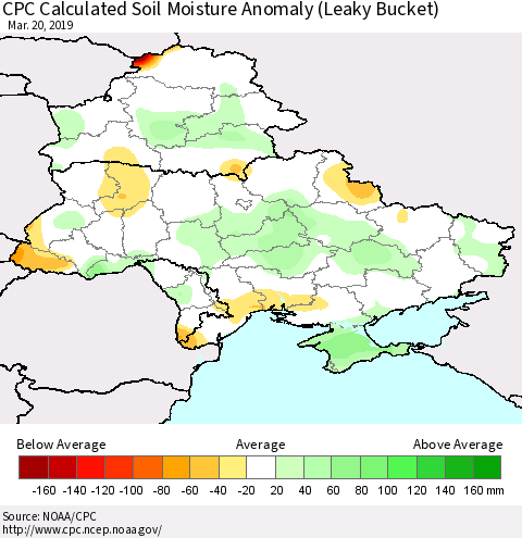 Ukraine, Moldova and Belarus CPC Soil Moisture Departure from Normal (Leaky Bucket) Thematic Map For 3/16/2019 - 3/20/2019