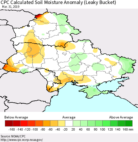 Ukraine, Moldova and Belarus CPC Calculated Soil Moisture Anomaly (Leaky Bucket) Thematic Map For 3/26/2019 - 3/31/2019