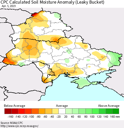 Ukraine, Moldova and Belarus CPC Calculated Soil Moisture Anomaly (Leaky Bucket) Thematic Map For 4/1/2019 - 4/5/2019