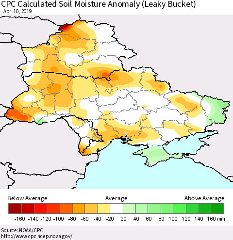 Ukraine, Moldova and Belarus CPC Calculated Soil Moisture Anomaly (Leaky Bucket) Thematic Map For 4/6/2019 - 4/10/2019