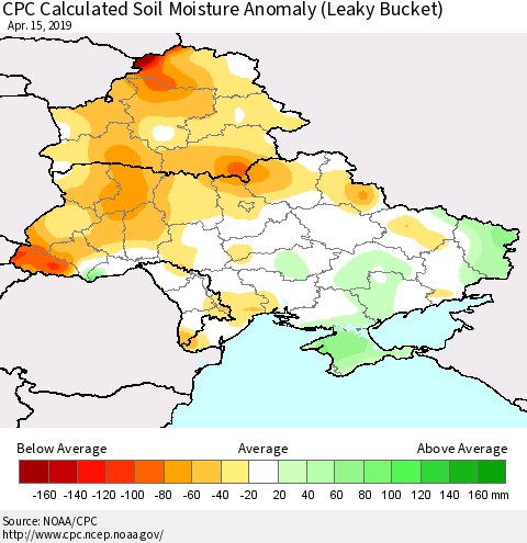 Ukraine, Moldova and Belarus CPC Calculated Soil Moisture Anomaly (Leaky Bucket) Thematic Map For 4/11/2019 - 4/15/2019