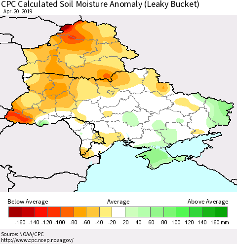 Ukraine, Moldova and Belarus CPC Calculated Soil Moisture Anomaly (Leaky Bucket) Thematic Map For 4/16/2019 - 4/20/2019
