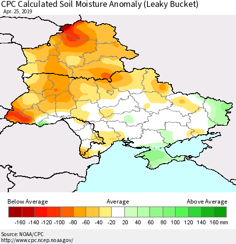 Ukraine, Moldova and Belarus CPC Calculated Soil Moisture Anomaly (Leaky Bucket) Thematic Map For 4/21/2019 - 4/25/2019