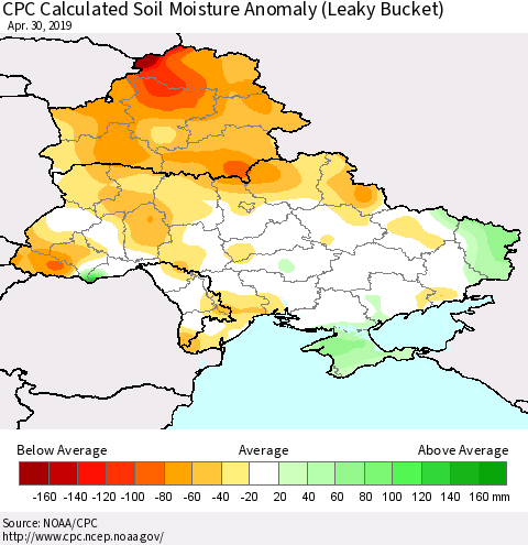 Ukraine, Moldova and Belarus CPC Calculated Soil Moisture Anomaly (Leaky Bucket) Thematic Map For 4/26/2019 - 4/30/2019