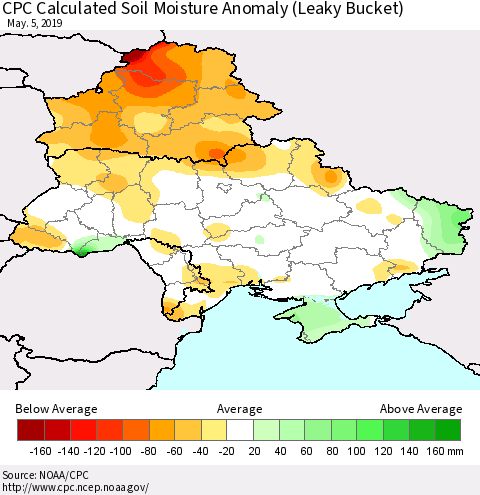 Ukraine, Moldova and Belarus CPC Calculated Soil Moisture Anomaly (Leaky Bucket) Thematic Map For 5/1/2019 - 5/5/2019