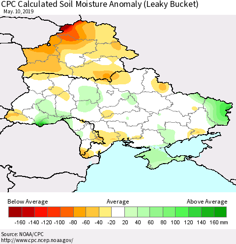 Ukraine, Moldova and Belarus CPC Calculated Soil Moisture Anomaly (Leaky Bucket) Thematic Map For 5/6/2019 - 5/10/2019