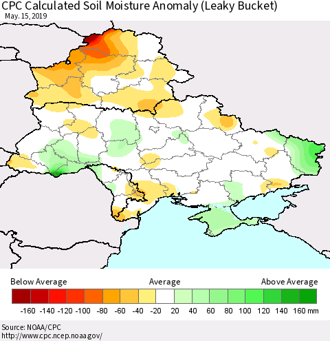 Ukraine, Moldova and Belarus CPC Soil Moisture Departure from Normal (Leaky Bucket) Thematic Map For 5/11/2019 - 5/15/2019