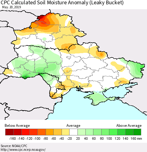 Ukraine, Moldova and Belarus CPC Soil Moisture Departure from Normal (Leaky Bucket) Thematic Map For 5/16/2019 - 5/20/2019