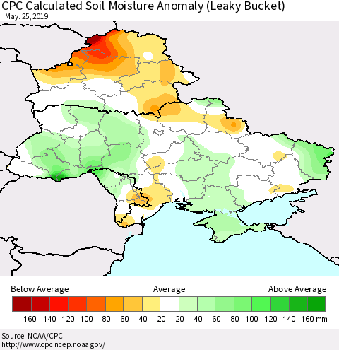 Ukraine, Moldova and Belarus CPC Calculated Soil Moisture Anomaly (Leaky Bucket) Thematic Map For 5/21/2019 - 5/25/2019