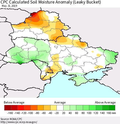 Ukraine, Moldova and Belarus CPC Calculated Soil Moisture Anomaly (Leaky Bucket) Thematic Map For 5/26/2019 - 5/31/2019