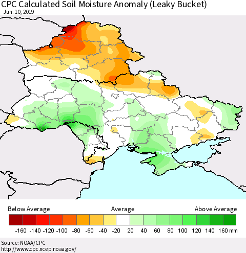 Ukraine, Moldova and Belarus CPC Calculated Soil Moisture Anomaly (Leaky Bucket) Thematic Map For 6/6/2019 - 6/10/2019