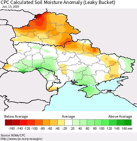 Ukraine, Moldova and Belarus CPC Soil Moisture Departure from Normal (Leaky Bucket) Thematic Map For 6/11/2019 - 6/15/2019