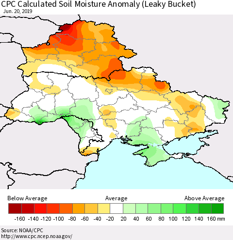 Ukraine, Moldova and Belarus CPC Soil Moisture Departure from Normal (Leaky Bucket) Thematic Map For 6/16/2019 - 6/20/2019