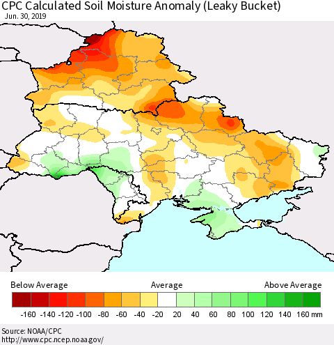 Ukraine, Moldova and Belarus CPC Calculated Soil Moisture Anomaly (Leaky Bucket) Thematic Map For 6/26/2019 - 6/30/2019