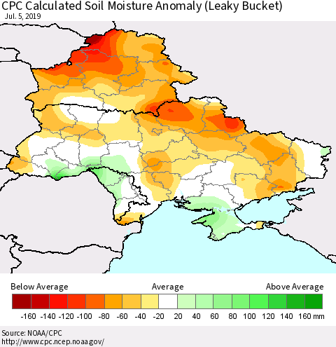 Ukraine, Moldova and Belarus CPC Calculated Soil Moisture Anomaly (Leaky Bucket) Thematic Map For 7/1/2019 - 7/5/2019