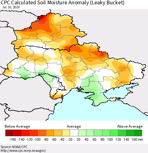 Ukraine, Moldova and Belarus CPC Soil Moisture Departure from Normal (Leaky Bucket) Thematic Map For 7/6/2019 - 7/10/2019