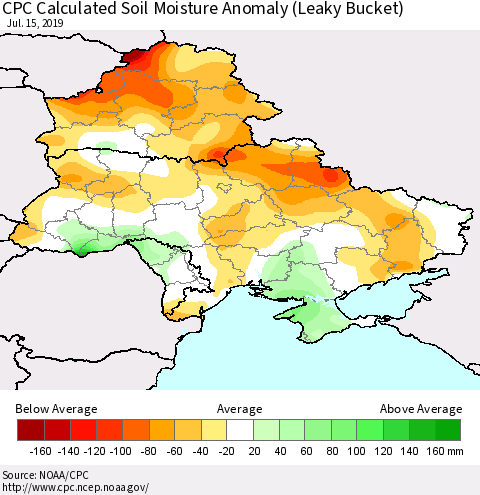 Ukraine, Moldova and Belarus CPC Calculated Soil Moisture Anomaly (Leaky Bucket) Thematic Map For 7/11/2019 - 7/15/2019