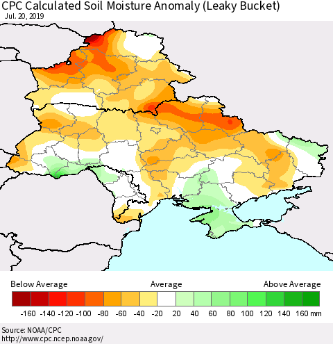 Ukraine, Moldova and Belarus CPC Calculated Soil Moisture Anomaly (Leaky Bucket) Thematic Map For 7/16/2019 - 7/20/2019